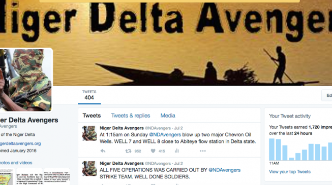 Twitter suspends account of Nigerian militant group Niger Delta Avengers Twitter suspends account of Nigerian militant group Niger Delta Avengers