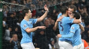 City players celebrate during the 4-1 mauling of Aston Villa