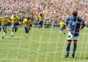 Dejected Baggio after blasting a penalty over the bar at the '94 final