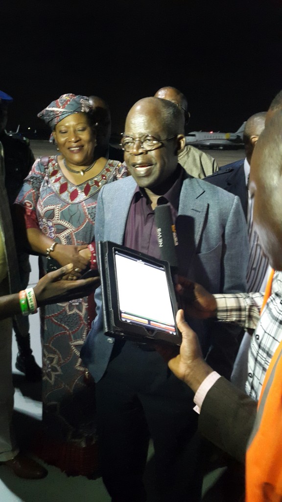 Tinubu speaking with journalists on arrival