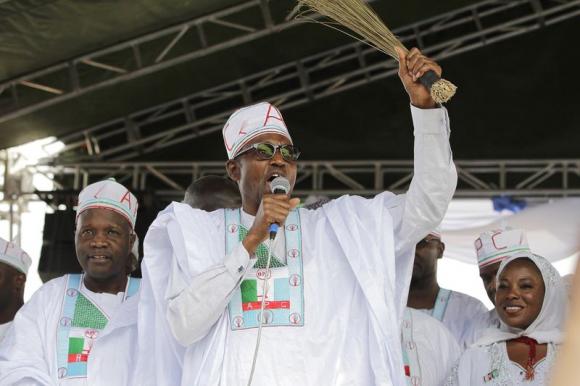 Presidential candidate Buhari speaks during a campaign rally in Gombe