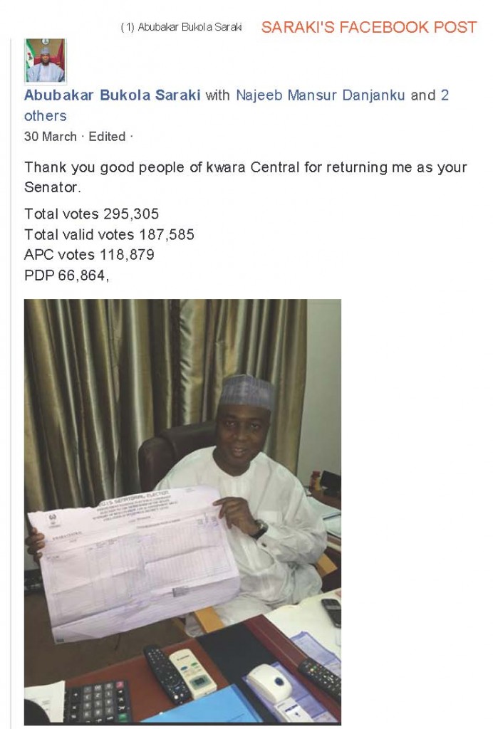 Abubakar Bukola Saraki Announces Election on Face Book, 30            Mar 2015