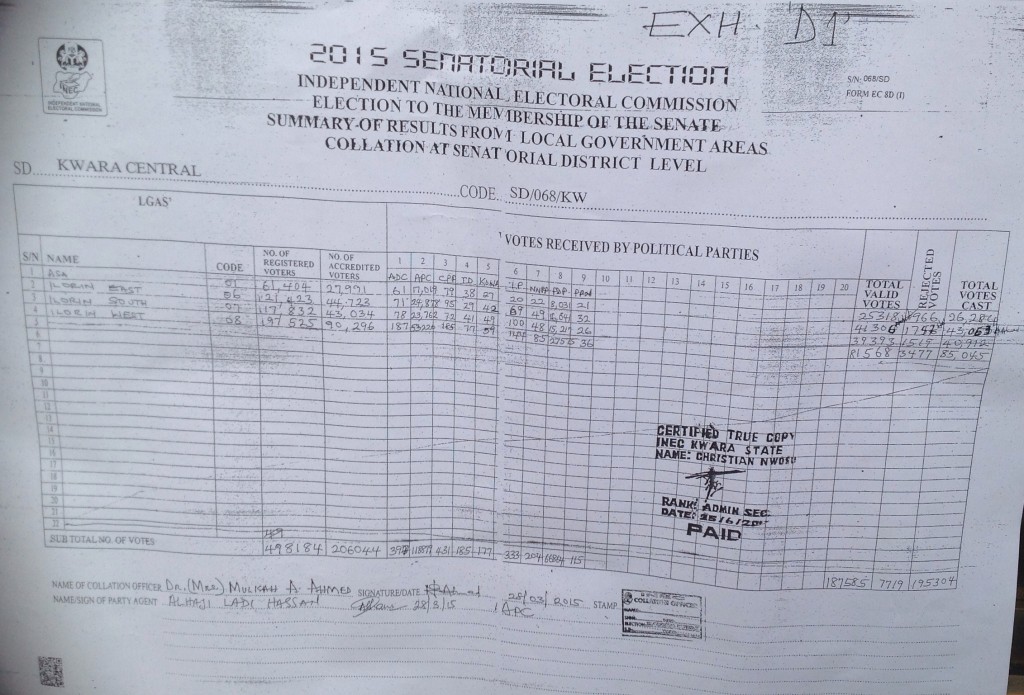 Kwara Central, 2015 Senatorial Election Collation at LG            Level (Form EC 8D 1), 28 March 2015