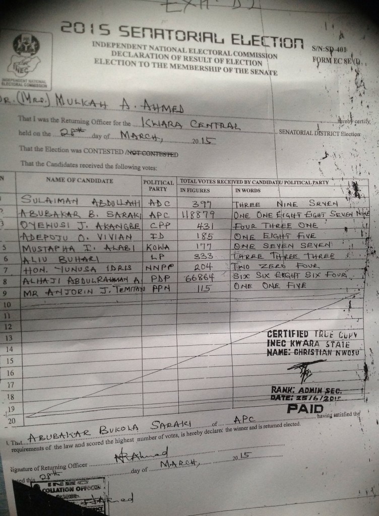 Kwara Central, 2015 Senatorial Final Election Results            (Form EC 8E 1), 28 March 2015