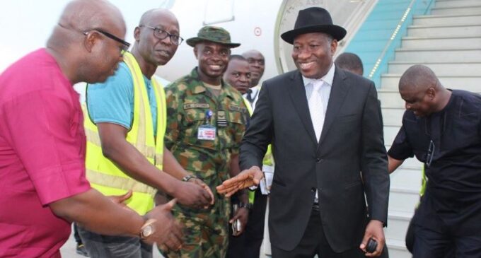 Jonathan arrives Nigeria on eve of Buhari’s visit to Niger Delta