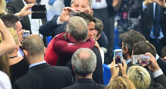 Sir Alex Ferguson congratulates Ronaldo with big hug