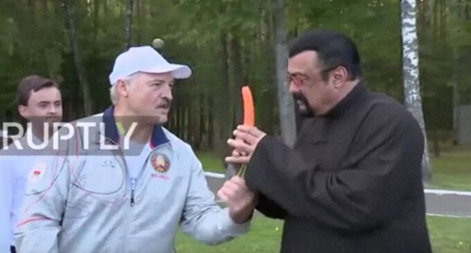 HILARIOUS! Belarus president feeds Hollywood actor, Steven Seagal, carrot