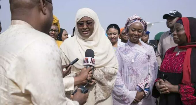 Aisha Buhari arrives as Nigerians eagerly await president’s return