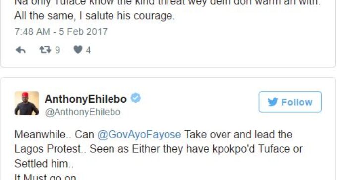 ‘Tuface was threatened’, ‘Fayose should take over’… Twitter reactions to cancelled protest