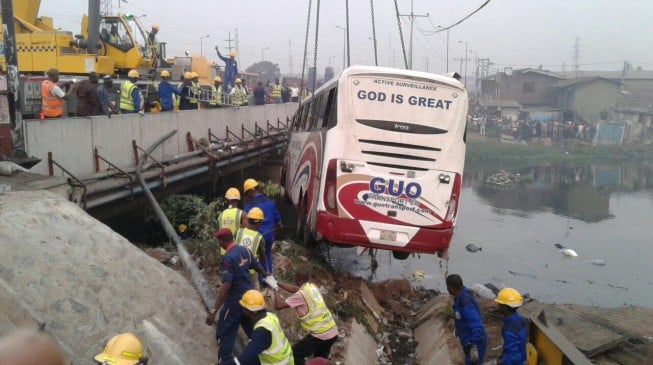 Three killed, 23 injured as bus plunges into river in Lagos