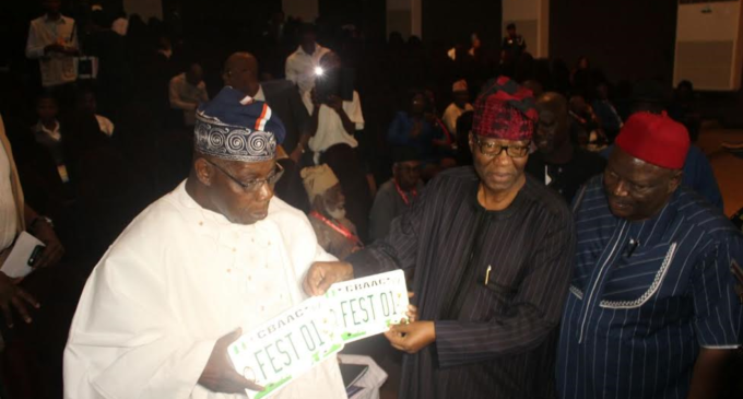 Gbenga Daniel presents number plate to Obasanjo