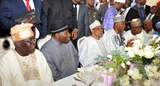 Jonathan, Tinubu sit side-by-side at wedding of IBB’s daughter