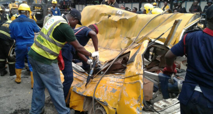 Five killed as container falls on commercial bus in Ojota