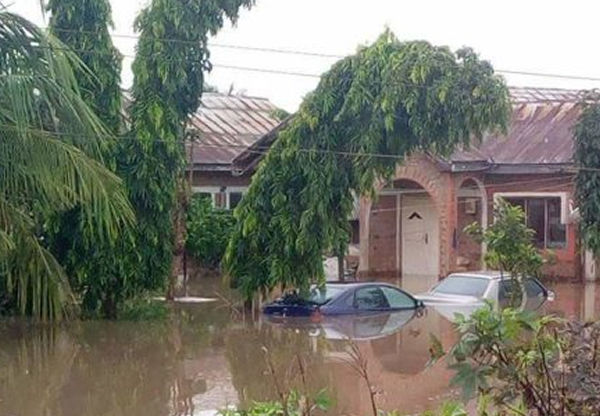 Cars almost under the floodwater