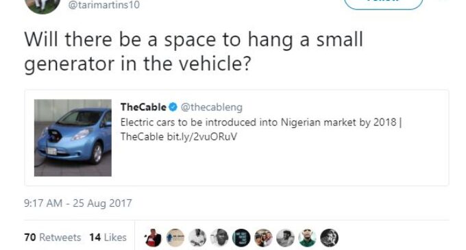 ‘Will there be space to hang a small generator?’ — Nigerians react to 2018 introduction of electric cars