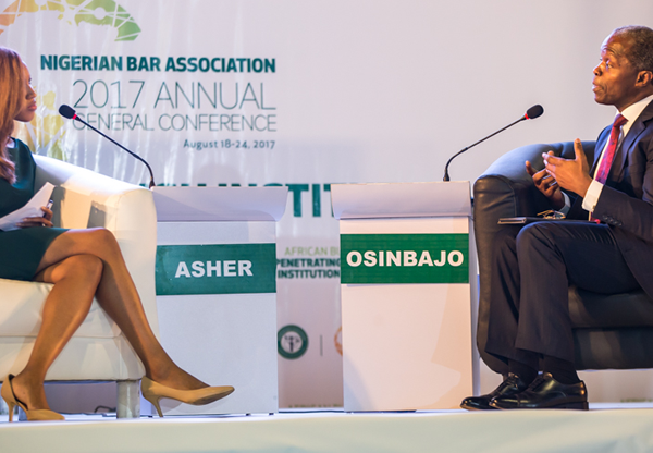 Vice President Yemi Osinbajo in an interactive session with Zain Asher, CNN International news anchor during the Conference in Lagos. 