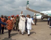 PHOTOS: Governors, traditional rulers receive Buhari at Enugu airport