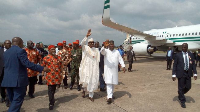 PHOTOS: Governors, traditional rulers receive Buhari at Enugu airport