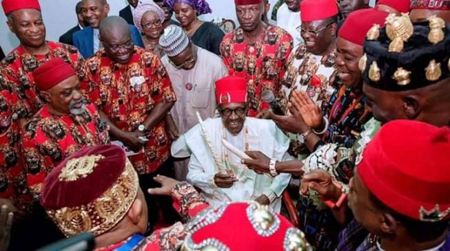 PHOTOS: Buhari bags two chieftaincy titles on visit to Ebonyi