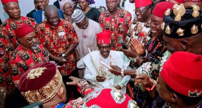 PHOTOS: Buhari bags two chieftaincy titles on visit to Ebonyi