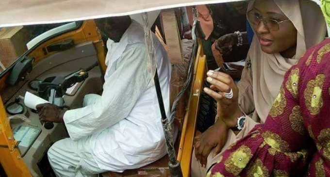 EXTRA: Aisha Buhari spotted inside ‘Keke NAPEP’
