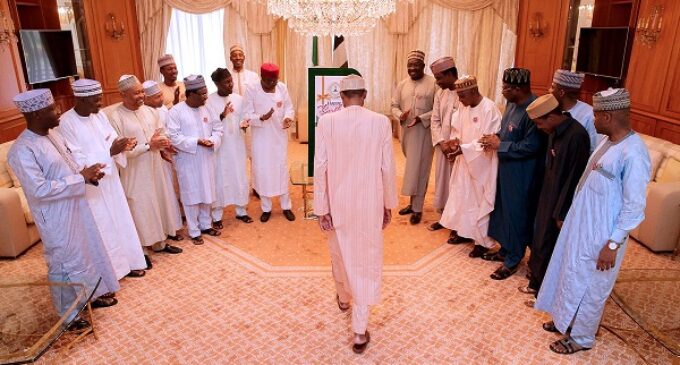 PHOTOS: Amosun, Kyari, presidency aides pay surprise birthday visit to Buhari