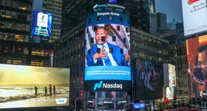 Dangote’s picture displayed at New York’s NASDAQ Tower