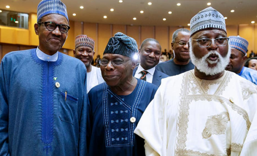 VIDEO: ‘Kilode now?’ — Abdulsalami speaks Yoruba in banter with Buhari, Obasanjo