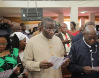 Jonathan, Obasanjo sit side by side in church