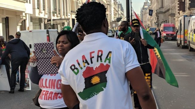 VIDEO: Biafra protesters at CHOGM ask Buhari to release Kanu