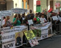 PHOTOS: Biafra protesters storm Westminster as Buhari meets the Queen