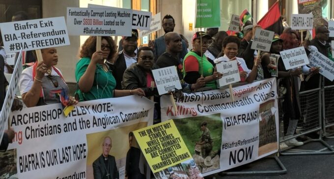 PHOTOS: Biafra protesters storm Westminster as Buhari meets the Queen