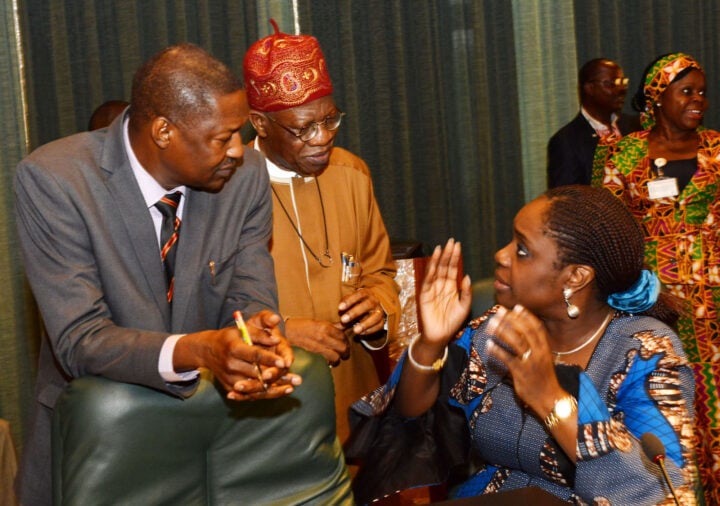 From left: Then attorney-general of the federation and minister of justice, Abubakar Malami; ex-minister of information and culture Lai Mohammed; and then minister of finance Kemi Adeosun, at the presidential villa in Abuja on 28/3/18 | Photo: Sumaila Ibrahim/TA/BJO/NAN