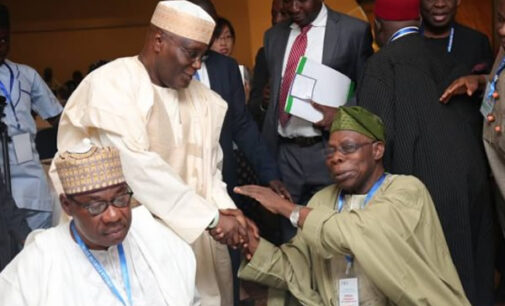 PHOTOS: Aliyu Gusau ‘reunites’ Obasanjo and Atiku in Abuja