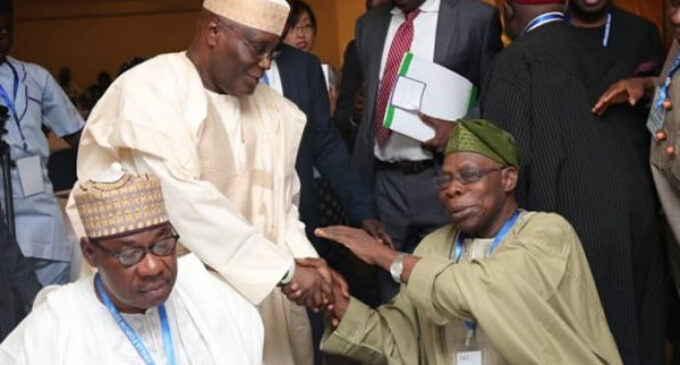 PHOTOS: Aliyu Gusau ‘reunites’ Obasanjo and Atiku in Abuja
