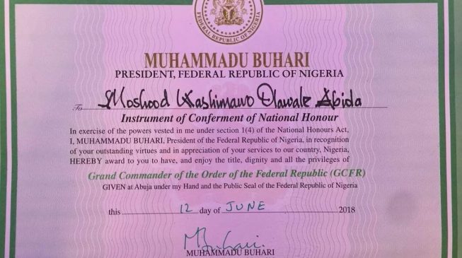 Buhari formally confers GCFR on Abiola