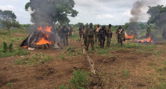 PHOTOS: Army destroys ‘herdsmen’ camp in Benue