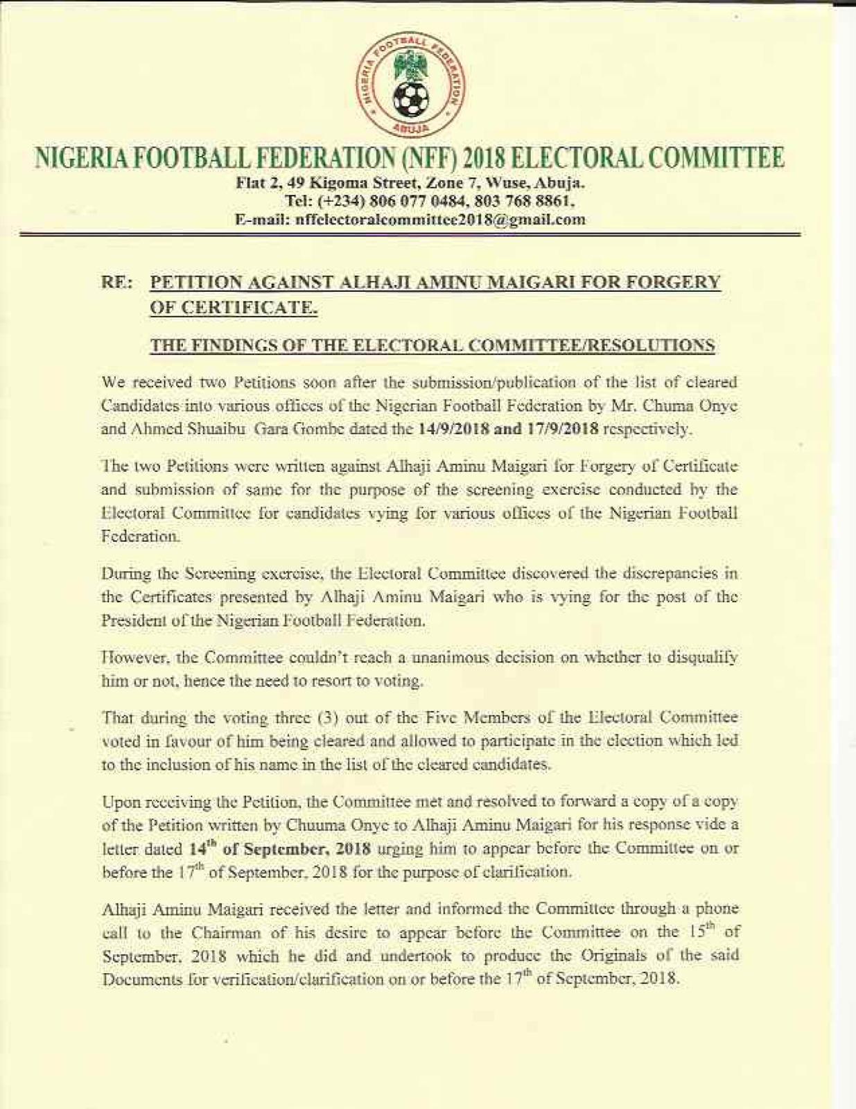 The NFF committee's findings (I)
