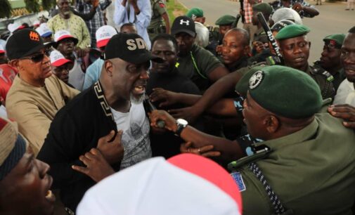 VIDEO: Melaye confronts policemen at INEC head office