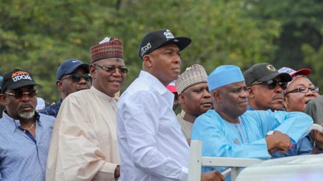 DEVELOPING: Saraki, Dogara lead protesters to INEC headquarters over Osun poll