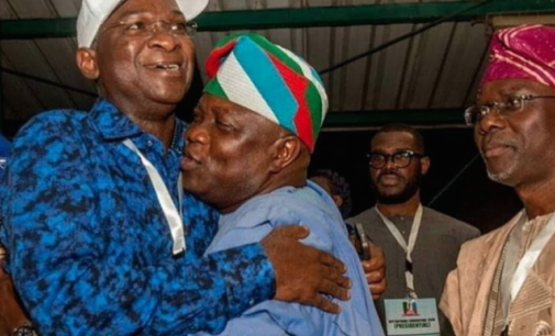 PHOTOS: Sanwo-Olu watches as  Ambode hugs Fashola at APC convention