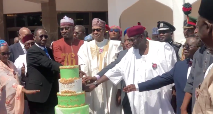 VIDEO: Minsters, SGF join Buhari as he cuts 76th birthday cake