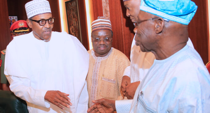 PHOTOS: Obasanjo, Buhari come face-to-face after ‘letter bomb’