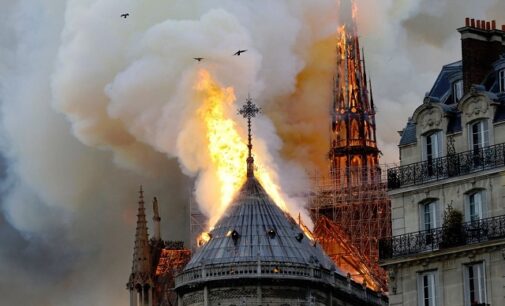 Roof collapses as fire rages ‘856-year-old’ Notre Dame cathedral