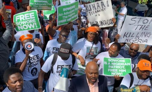 ‘My children missing their father’ — Sowore’s wife leads anti-Buhari protest at UN