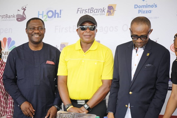 L-R: Osahon Ogieva, head, communications and other conglomerates of FirstBank; Babatunde Johnson, Golf Captain; Oze. K. Oze, FirstBank, head, sponsorship, event and content management, at Ikoyi Golf Club 1938 in Lagos on Friday