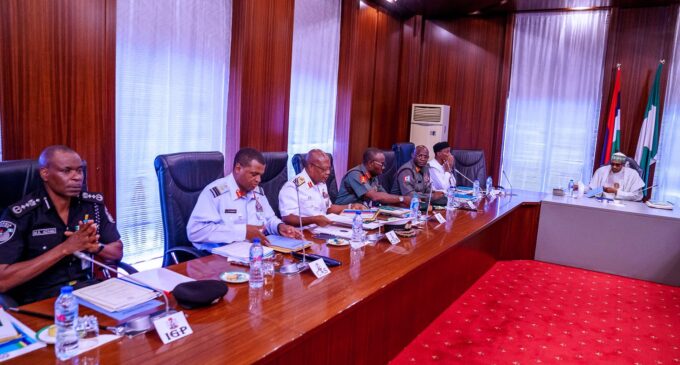 PHOTOS: Buratai absent as service chiefs brief Buhari