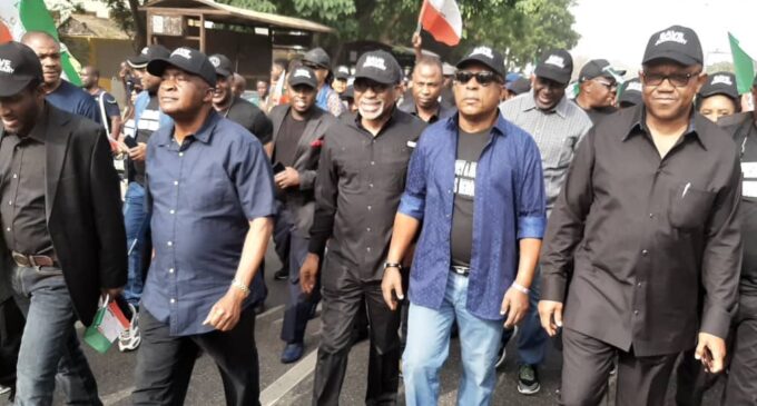 Secondus, Peter Obi lead protest against supreme court in Abuja