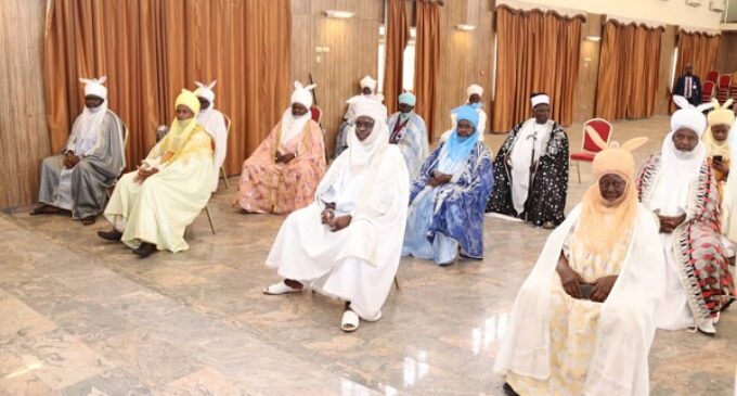 PHOTOS: Gombe traditional rulers keep ‘social distance’ at meeting with governor