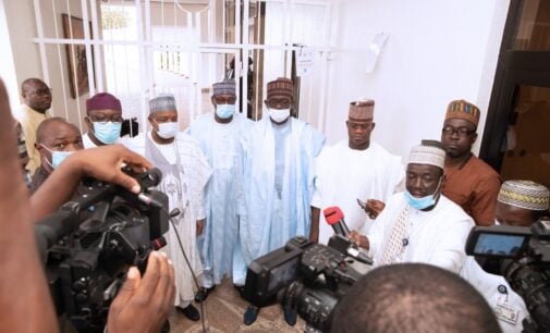 PHOTOS: Yahaya Bello refuses to wear face mask after meeting with Buhari
